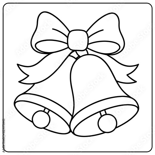 Two christmas bells with a bow in a square frame in black and white outline illustration style drawing
