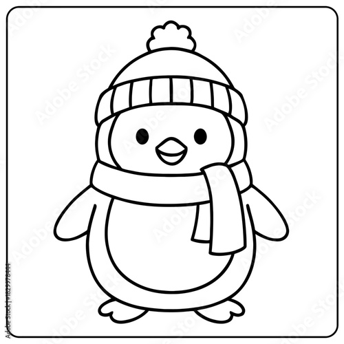 Outline drawing of a penguin wearing a winter hat and scarf in a square frame ready to be colored