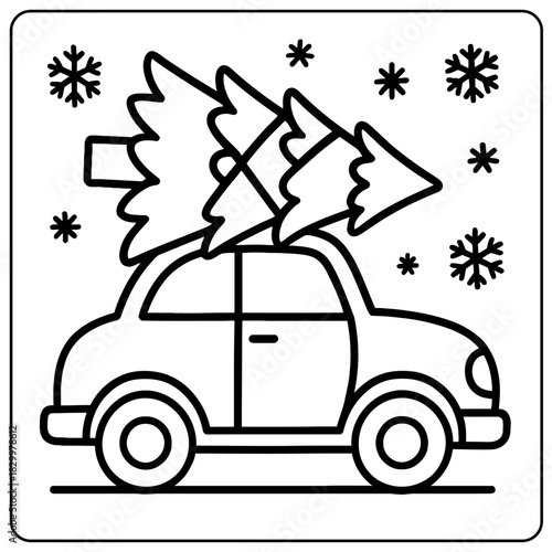 A line drawing of a car with a christmas tree on top surrounded by snowflakes in a square frame