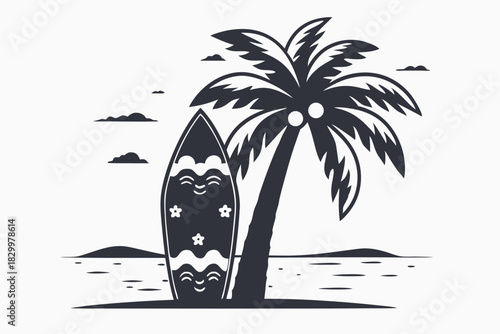 Smiling surfboard stands beside palm tree on a monochrome beach landscape silhouette