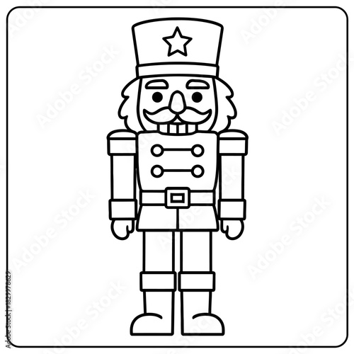 Outlined nutcracker with star on hat and uniform with belt and buttons on white background in frame