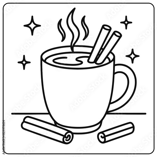 Line drawing of a mug with steam and cinnamon sticks surrounded by stars on a white background