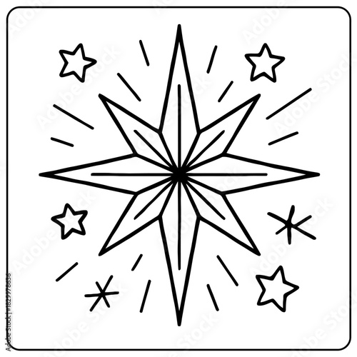 Eight pointed star with smaller stars and radiating lines in a black and white square design
