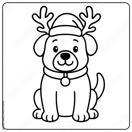 Cartoon dog wearing a santa hat and reindeer antlers in a black and white coloring book page style