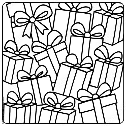 A black and white line drawing of many present boxes with bows in a square frame for coloring activity