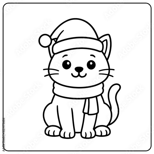 Cartoon cat wearing a santa hat and scarf in a black and white line drawing style for coloring book