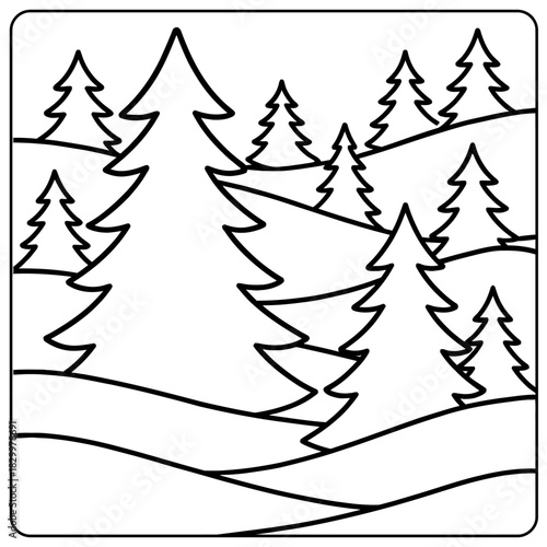A black and white drawing of a forest with pine trees on rolling hills in a square border line drawing