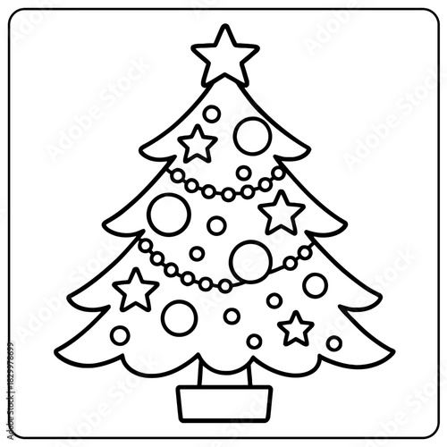 A simple christmas tree outline with star topper and ornaments for coloring or holiday crafts project