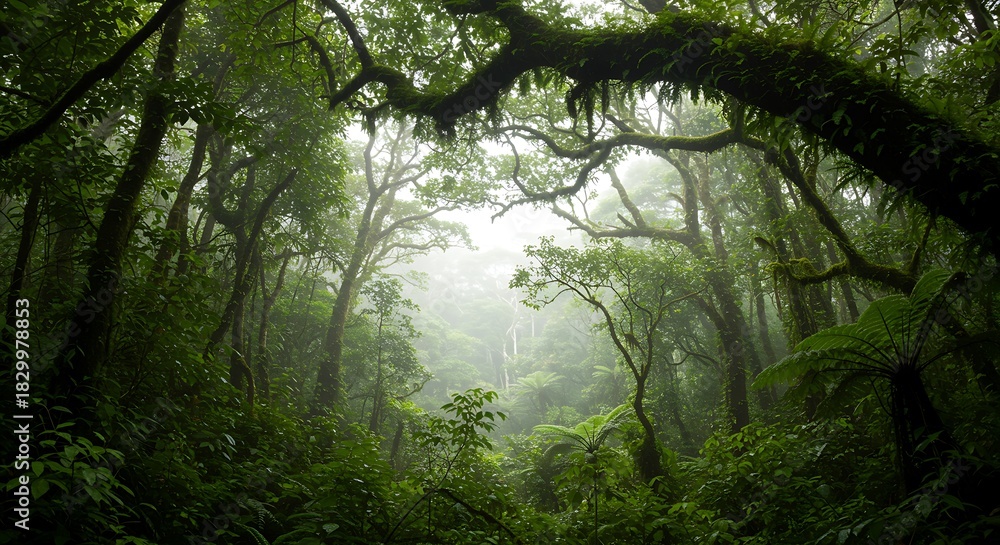 Naklejka premium Lush Green Rainforest Canopy with Foggy Mist in Tropical Jungle
