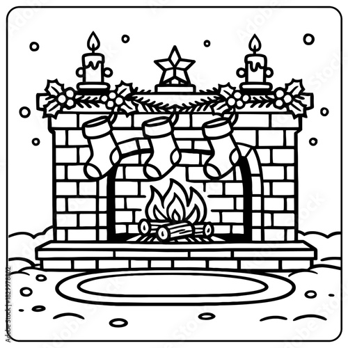 Black and white christmas fireplace with stockings candles and star coloring page illustration