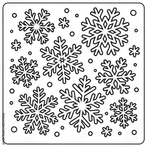 Black and white snowflake pattern with varying sizes and circular dots in a square border design