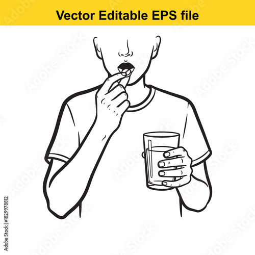 Black and white line art illustration of a person taking a pill or capsule with a glass of water, isolated on white background
