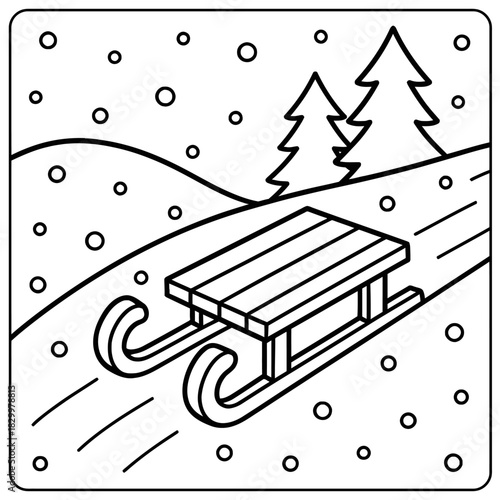A black and white outline drawing of a sled in the snow with trees and a hill in the background