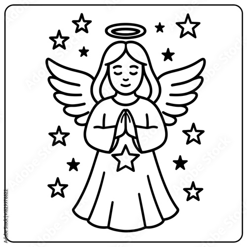 Angel with halo and wings surrounded by stars in black and white line art coloring page style
