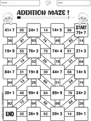 Addition maze puzzle worksheet for children