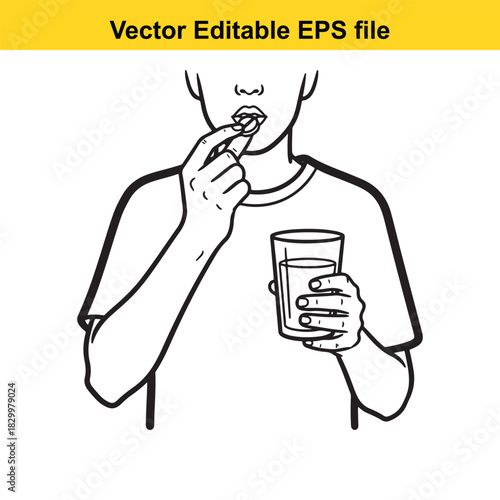 Black and white line art illustration of a person taking a pill or capsule with a glass of water, isolated on white background