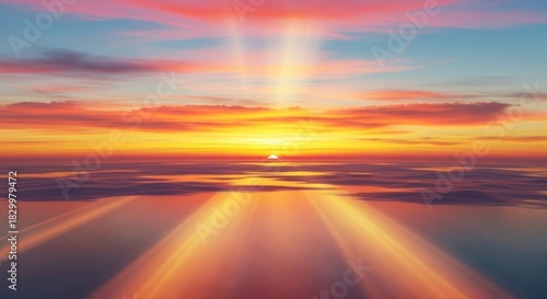 Vibrant Sunset Over Calm Ocean with Radiant Sunbeams and Colorful Sky.
