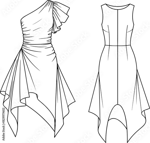 Asymmetrical and sleeveless handkerchief hem dress vector, fashion flat sketch,Asymmetrical and sleeveless handkerchief hem dress vector, fashion flat sketch,