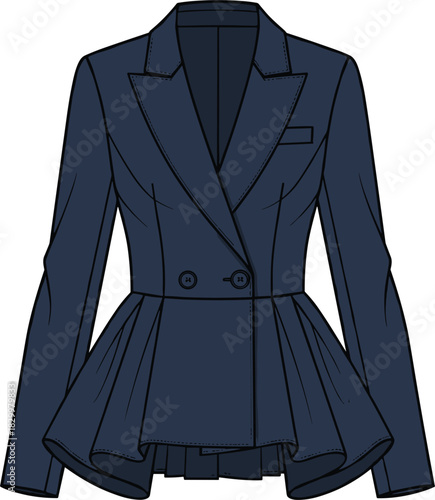 Double-breasted peplum blazer vector, fashion flat sketch, tailored silhouette,Double-breasted peplum blazer vector, fashion flat sketch, tailored silhouette,