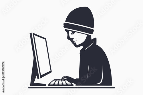Stern Asian girl wearing beanie uses a laptop, looking directly forward solemnly