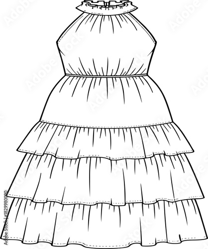 Tiered halter dress vector, fashion flat sketch, ruffled collar, gathered waist,Tiered halter dress vector, fashion flat sketch, ruffled collar, gathered waist,