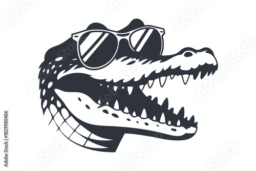 Stylish crocodile in sunglasses showcases a head silhouette with open mouth and teeth