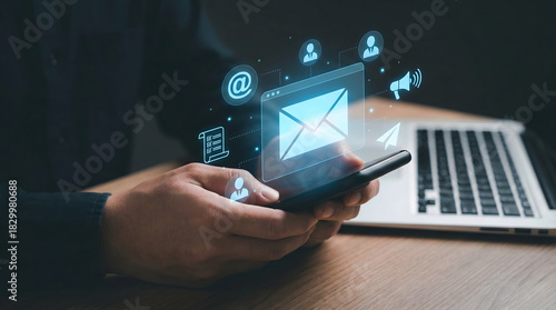 Digital Communication and Email Marketing on Smartphone with Glowing Icons