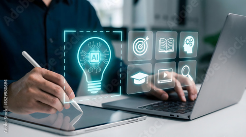 Digital Learning & AI Innovation: Man with Laptop, Tablet & Holographic Icons