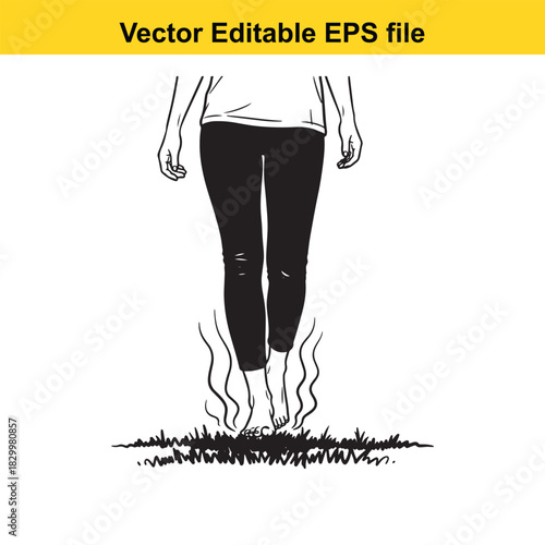 Black and white vector illustration of a person walking barefoot on grass, showing the lower body from the waist down, isolated on white background