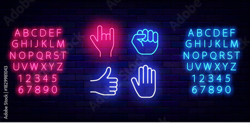 Human hands poses neon icons set. Knuckle and rock. Like emblem. Arm cursor and vote. Shiny pink and blue alphabet. Fight badge. Command work. Shiny flyer. Editable stroke. Vector stock illustration