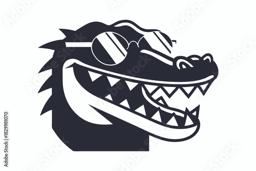 Stylish dark alligator head smiles broadly, wearing round sunglasses with a white background