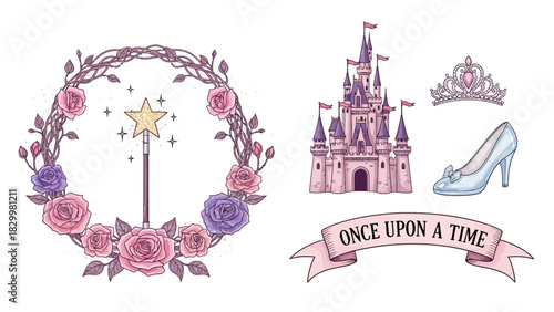 Magical fairy tale vector elements with rose frame, castle, crown, and glass slipper for children's design