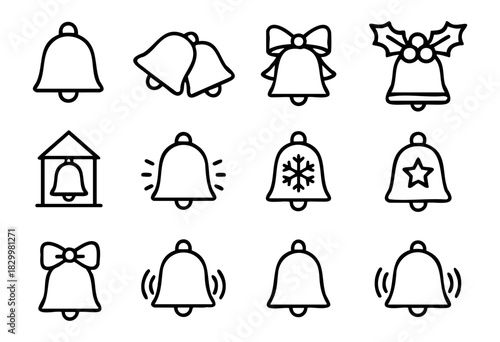 Christmas Bells line icons — jingle bells, church bells, and festive holiday notification symbols — stock vector.