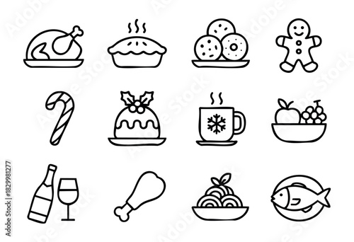 Christmas Food & Dinner line icons — traditional holiday feast, festive dishes, and sweet treats — stock vector.