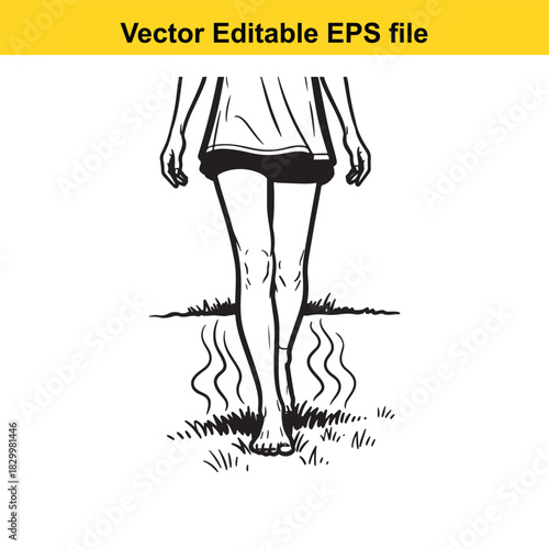 Black and white line art drawing of a person standing with feet in grass, showing wavy lines indicating heat or water around the ankles, vector editable eps file
