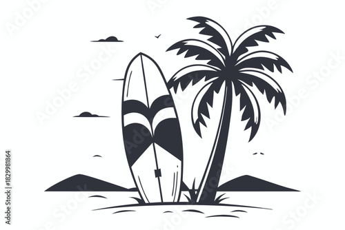 Stylized surfboard stands beside a palm tree on an island beach under light clouds