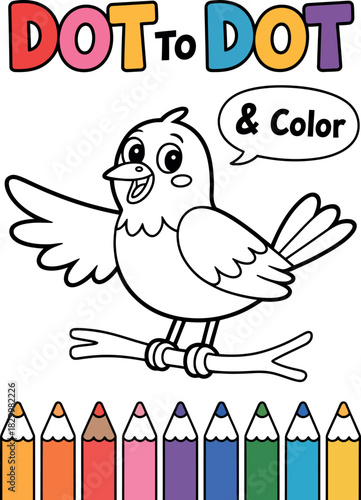 Cute cartoon bird on branch for dot to dot coloring page