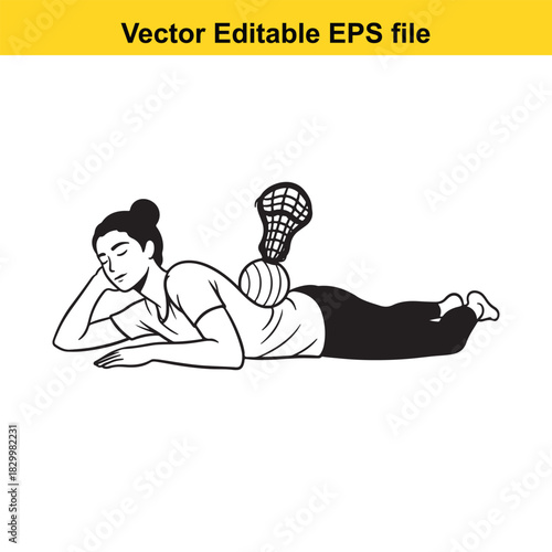 Woman lying on stomach doing back extension exercise using a lacrosse ball for myofascial release therapy isolated on white background