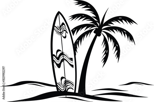 Surfboard and palm tree silhouette on a beach evoke a serene tropical vibe
