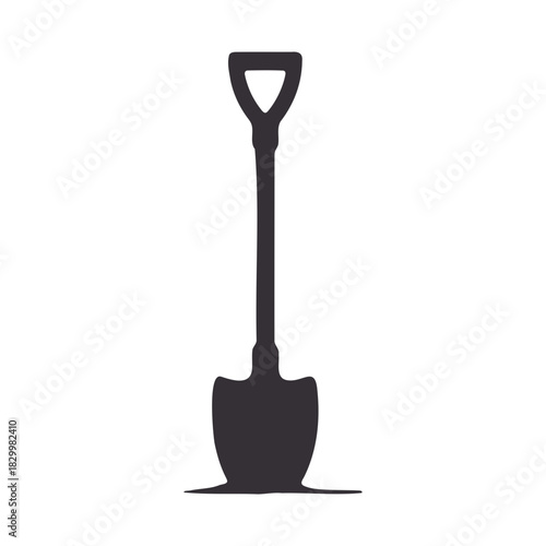 Illustration of a dark gray shovel with a triangular handle and a rounded blade on a white background