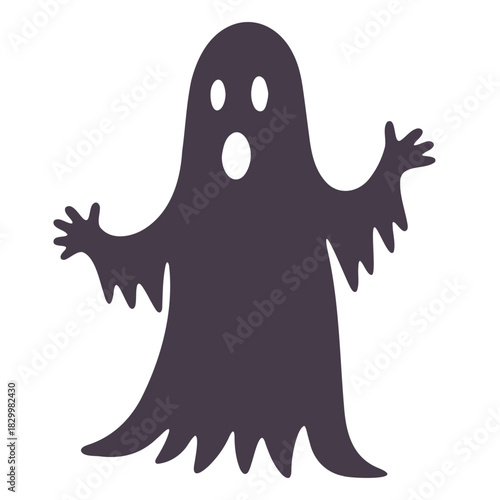 Silhouette of a spooky ghost with outstretched arms and a surprised expression on a white background