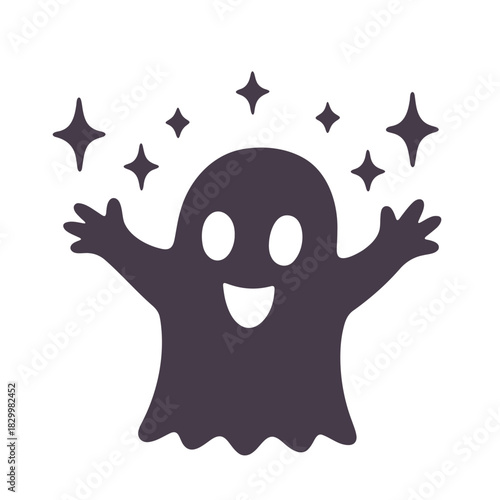 A cartoon ghost with a smiling face and outstretched arms surrounded by twinkling stars illustration