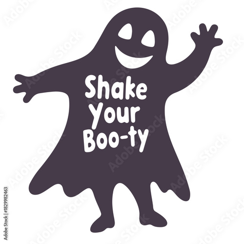 Cartoon ghost with a playful smile and outstretched arms saying shake your boo ty in white text
