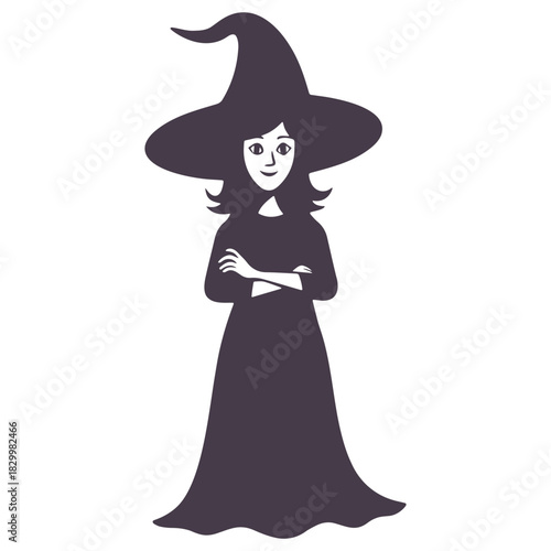 A cartoon witch with a pointy hat and arms crossed standing in a long robe isolated on white background