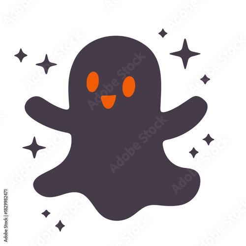 Illustration of a cute ghost with orange eyes and mouth surrounded by stars on a white background