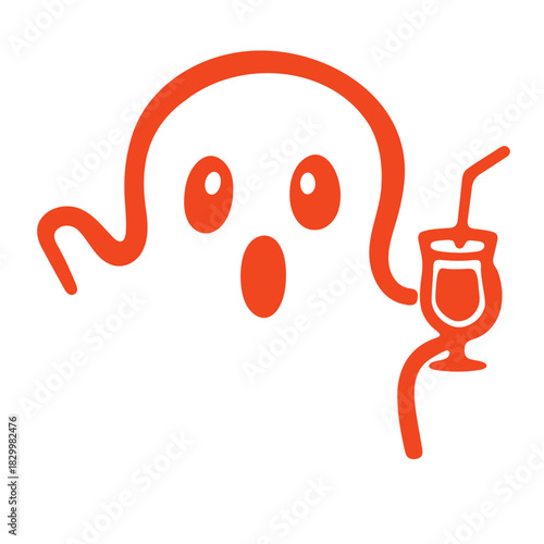 Orange cartoon ghost holding a drink with a straw with a surprised expression on a white background