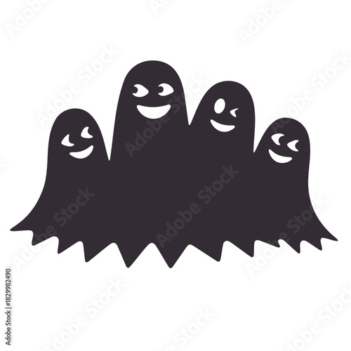 A group of four cartoon ghosts with smiling faces in black silhouette on a white isolated background