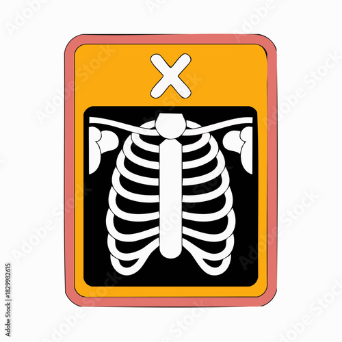 A stylized cartoon illustration of a human rib cage X-ray film with an orange border and a white X symbol.