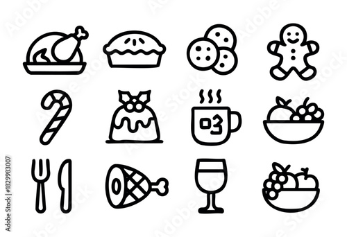 Christmas Food doodle icons — a collection of traditional holiday dishes, festive meals, and sweet treats — stock vector.