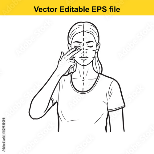 Line art illustration of a woman performing acupressure on the inner corner of her eye for headache relief or relaxation, isolated on white background